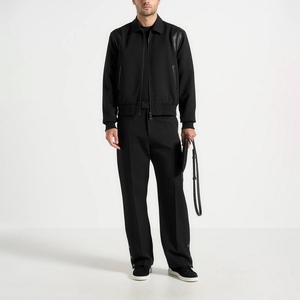 Men's Black Bomber Jacket Turn-down Collar <b>Covered</b> <b>Button</b> Closure Fleece Material Casual Style Eco-friendly Slim Winter Wear - Product Image 3