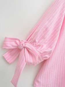 เสื้อเชิ้ตผ้าทอลายทางสีชมพู ปกพับได้ แขนสั้น ทรงหลวม สำหรับผู้หญิง สวมใส่สบายๆ ในชีวิตประจำวัน เสื้อผ้าลำลองสำหรับผู้หญิง - Product Image 6