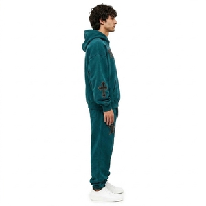 Men 2 Piece Casual <b>Matching</b> Tracksuit <b>Set</b> Oversized Hoodie <b>Jogger</b> Star Cross Patch Fleece Custom OEM Wholesale Manufacturer - Product Image 4