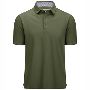 <b>Mens</b> Solid Olive Green Short Sleeve Polo <b>Shirt</b> featuring Striped Inner <b>Collar</b> Detail and Classic Three Button Front Placket - Product Image 1