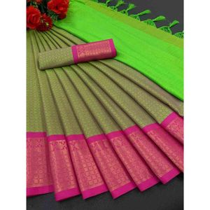 MOST PICKED WEDDING PURPOSE PREMIUM SOFT COTTON SILK WITH BROAD <b>BORDER</b> SAREE MAHENDI - Product Image 1