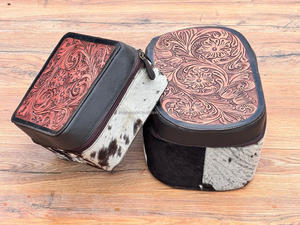 Hot Sale Hand Tooled Leather Stylish <b>Makeup</b> Cosmetic <b>Storage</b> Box Handmade <b>Makeup</b> Box Cowhide Fur Vanity Bathroom Organizer Box - Product Image 4