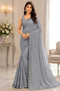 Indian Boutique Elegant Blue Georgette Quick Dry Glitter Print <b>Saree</b> <b>Women</b> Regular Fit Wedding Wear Bridal Pakistan All Seasons - Product Image 3