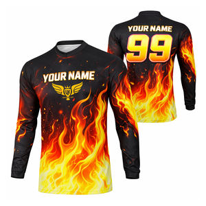 เสื้อเจอร์ซีย์วิบาก Flame Motocross แบบกำหนดชื่อและหมายเลขได้ สำหรับผู้ชาย เสื้อแข่งรถวิบาก MX สำหรับขี่มอเตอร์ไซค์ออฟโรด แขนยาว - Product Image 1