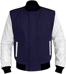 Veste universitaire pour homme bleu marine et blanc avec fermeture éclair, col montant, style décontracté, pour l'automne, coupe classique - Product Image 3
