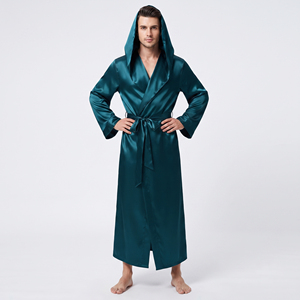 Bata de satén con capucha para hombre, manga larga, sedosa y suave, para otoño, con bolsillos y cinturón, camisón de satén para hombre - Product Image 5