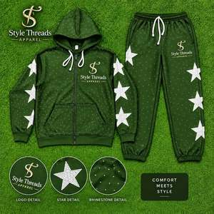 Tracksuit Hoodie and Pants <b>Set</b> Black with White Stars Rhinestone Detail Casual Autumn Wear <b>Gym</b> <b>Long</b> <b>Sleeve</b> Tracksuits - Product Image 4