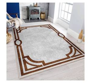 <b>Grey</b> Geometric Accent Carpet Brown <b>Frame</b> Machine Washable Non-Slip Floor Mat Elegant Living Room Rug for Home and Hotel Decor. - Product Image 1