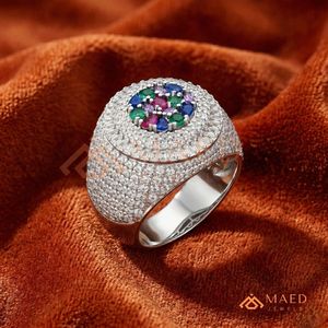 Iced Out Rainbow <b>Crystal</b> Dome <b>Ring</b> Silver Plated Multi-Color Round Pear Cut Stone Colorful Sapphire Simulation Hip Hop <b>Ring</b> - Product Image 2
