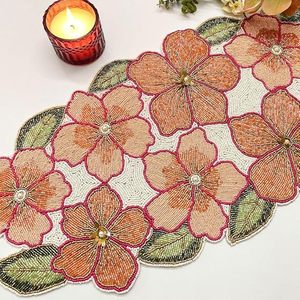 Camino de Mesa Bordado con Flores Rosas y Naranjas y Hojas Verdes para Decoración del Hogar - Product Image 6
