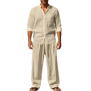 Ensemble décontracté en lin pour homme : chemise à manches longues et pantalon, tissé uni gaufré 270g, respirant pour le printemps - Product Image 5
