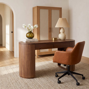 Modern <b>Wooden</b> Writing <b>Desk</b> with Two <b>Drawers</b> Walnut Finish Minimalist Home Office <b>Desk</b> Contemporary Study Table Bedroom Furniture - Product Image 4