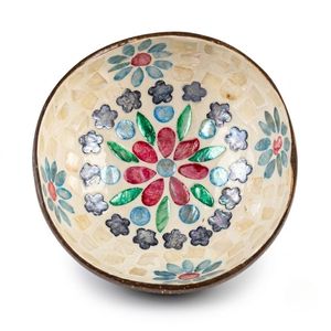 Bol en Coque de Noix de Coco Naturelle Durable Incrusté de Nacre, Art Floral Perlé, Fait Main, Cadeau Décoratif, Vente en Gros - Product Image 1