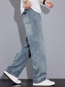 Jean ample pour homme, coupe large, bleu clair, respirant, en denim tissé, décontracté, délavé, style vintage streetwear - Product Image 2