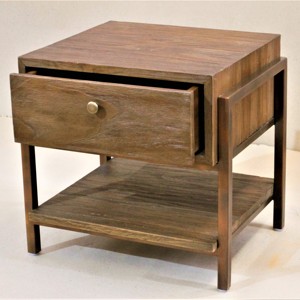 Mesa de Noche de Madera de Teca con Estructura Metálica con Recubrimiento en Polvo, 1 Cajón, Mueble para Dormitorio - Product Image 3