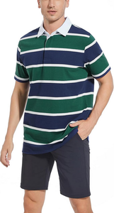 เสื้อโปโลผู้ชายสไตล์วินเทจสำหรับฤดูร้อน ผลิตตามสั่ง ขายส่ง OEM พร้อมปักโลโก้แบรนด์ ผ้าคอตตอน/โพลีเอสเตอร์ผสม 220 GSM ผ้าถักลายทางย้อมเส้นด้าย - Product Image 5