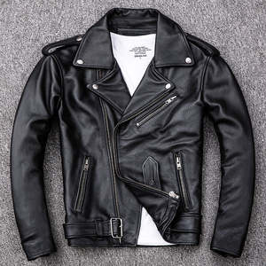 Veste moto en cuir véritable pour homme, col rabattu, fermeture éclair, ceinture, coupe ajustée, automne-hiver, noir uni - Product Image 4