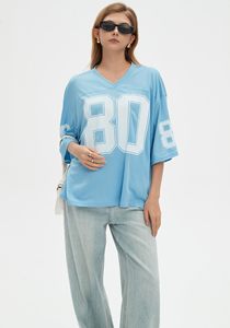 Women's Light <b>Blue</b> V-Neck <b>Mesh</b> Football Jersey Short Sleeve Loose Fit Breathable Team Number 80 Print All Seasons Apparel - Product Image 6