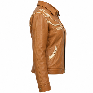 Veste en cuir véritable pour femme Tan Cognac, style western vintage, avec passepoil crème, col zippé, vêtement d'extérieur, service d'usine sur mesure - Product Image 3
