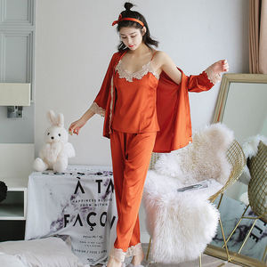 Conjunto de Pijama de Seda Suave para Mujer, Camisola de Encaje, Traje de 3 Piezas, Top, Pantalones Largos, Ropa de Dormir - Product Image 3