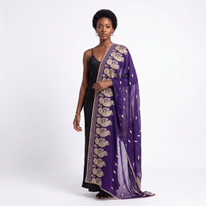 Wholesale Chiffon <b>Shawl</b> Purple Gold Paisley Feather Embroidered Border Lightweight Breathable Women OEM ODM Custom - Product Image 1