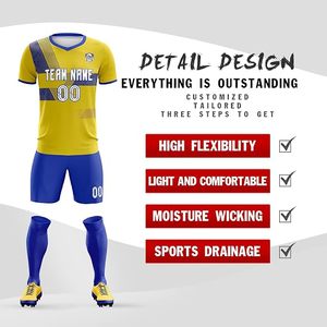Conjunto de Uniforme de Fútbol Personalizado por Sublimación, Camiseta Amarilla y Azul con Cuello en V, Manga Corta, para Hombre, Resistente al Agua y Ecológico - Product Image 2