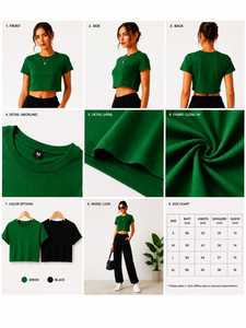 Women <b>Crop</b> <b>Top</b> T-Shirt Solid <b>Green</b> Crew Neck Short Sleeve Casual Fit Spring Summer Regular Style Drop Shoulder 100% Cotton - Product Image 5