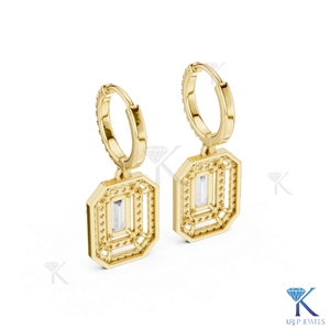 Lab Grown Diamond Emerald Cut Double Halo Drop <b>Earrings</b> Pave <b>Hoop</b> Leverback 18K <b>Solid</b> Gold Classic Fine Women's Wedding Party - Product Image 4