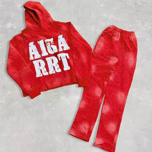 New 2026 Winter Acid Wash Flared Tracksuits <b>Zip</b> 450 GSM 100% Cotton Jogging Suit Distressed Sun Faded Rhinestone Hoodies - Product Image 3