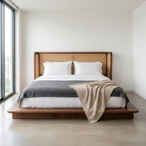 Solid Teak Wood Wooden <b>Bed</b> Frame Curved Cane Bedstead with High Backrest for Luxury Apartment Hospitality Interior Design Unit - Product Image 1