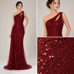 Luxury <b>Red</b> One Shoulder Mermaid Evening Gown | <b>Sequin</b> Embroidery Tulle Dress Elegant Women Party Wear | OEM Private Label India - Product Image 2