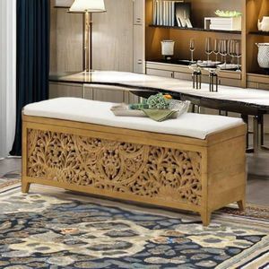 <span class=keywords><strong>Banc</strong></span>-<span class=keywords><strong>coffre</strong></span> de rangement en bois massif indien sculpté à la main, fait à la main, style fermier, écologique, pour la maison, le bar, l'appartement, le salon - Product Image 1