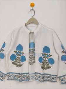 Veste Kimono en Coton Imprimée à la Main Motif Floral Bleu, Style Bohème, pour Été et Hiver, Manteau Indien Fait Main à Impression au Bloc, Haut de Gamme pour Festivals - Product Image 2