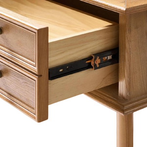 Mesita de noche hecha de madera de caoba de alta calidad con acabado natural y 2 cajones para uso en dormitorio. - Product Image 4
