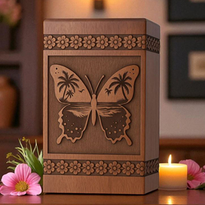 Butterfly & Palm <b>Tree</b> Cremation Urn: Engraved Rosewood, Personalized Memorial urn Memorial Keepsake by AYAANS - Product Image 1