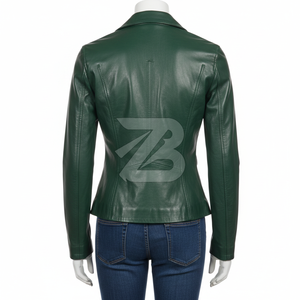 OEM ODM Women's Genuine Leather Jacket Band Collar Slim Fit Moto <b>Coat</b> Forest Green Custom Logo Women's Jackets - Product Image 4