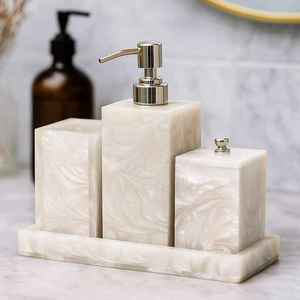 Modern Marble Look Resin <b>Bathroom</b> <b>Set</b> Soap <b>Dispenser</b> Toothbrush Holder With Tray Rectangle Shape Easy To Clean - Product Image 3