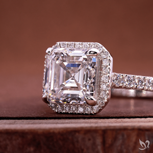 แหวนเพชรทรง Asscher 3 กะรัต เพาะเลี้ยงในห้องปฏิบัติการ ประดับด้วยเพชรแบบ Halo ได้รับการรับรองจาก IGI ตัวเรือนทองคำขาว 10K ประดับเพชรแบบ Pave สำหรับแหวนหมั้น - Product Image 2