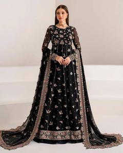 ชุดเดรส Anarkali ผ้าจอร์เจตต์ พร้อมชุด Sharara ขายส่ง ความยาว 51 นิ้ว ปักดิ้นลายฉลุ ประดับด้วยผ้าคลุมไหล่ ขนาด M L XL XXL - Product Image 3