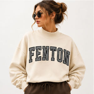 Plaid Letter Print Mock Neck Pullover <b>Sweatshirts</b> Women's 100% Cotton Knitted Drop-Shoulder Autumn Style Tailgate Party Wear - Product Image 1