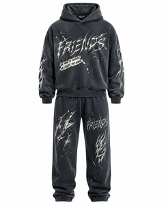 Ensemble de survêtement à capuche coupe classique en molleton de coton noir, style streetwear, imprimé dessin animé avec strass, pour homme, tenue d'hiver - Product Image 1