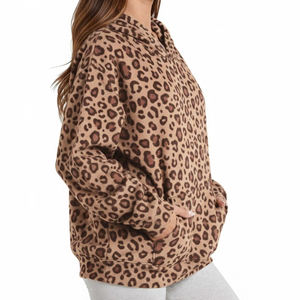 Custom Women's <b>Leopard</b> <b>Print</b> Hooded <b>Sweatshirt</b> Oversized Regular Sleeve Knitted Cotton Autumn Style With Pockets - Product Image 4