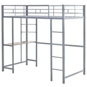 Lit mezzanine en métal taille double pour adolescents et jeunes adultes avec 2 échelles, barrières de sécurité et bureau intégré avec étagères de rangement - Product Image 2
