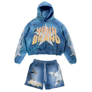 Conjunto de Sudadera con Capucha Personalizada al por Mayor, Oversize, Vintage, con Lavado Ácido, Parches, Diseño Corto, Efecto Desgastado y Bordado con Aplicaciones - Product Image 4