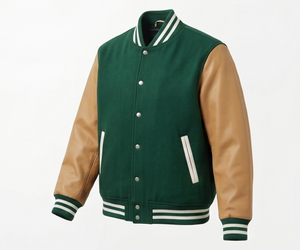 Veste universitaire verte pour homme avec manches en PU marron, boutonnée sur le devant, col rabattu, coupe classique, vêtement d'extérieur décontracté pour l'automne - Product Image 4