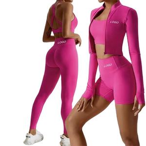 Women Solid Color Yoga Set High Waist Full Sleeve <b>Zipper</b> Crop <b>Top</b> Seamless Spandex Polyester Breathable Activewear 3-Piece - Product Image 5