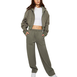 Women's Olive Green Hooded Tracksuit <b>Set</b> Full Sleeve Zipper Sweatshirt <b>Matching</b> <b>Jogger</b> Pants Casual Loose Fit - Product Image 4