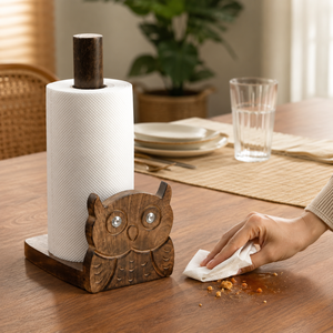 Porte-serviettes en papier en bois sculpté à la main en forme de hibou, support de rouleau de cuisine moderne sur pied, organisateur décoratif de comptoir pour usage domestique - Product Image 3