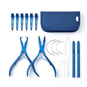 Kit d'outils professionnels pour extensions de cheveux avec pinces, aiguilles à crochet, clips, métal bleu, kit d'outils de coiffure pour salon - Product Image 1