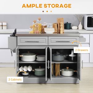 Carrello da Cucina Grigio in Bambù, MDF e Pino con Piano in Acciaio Inox, Cassetti, Ripiani e Armadietti su Ruote - Product Image 4